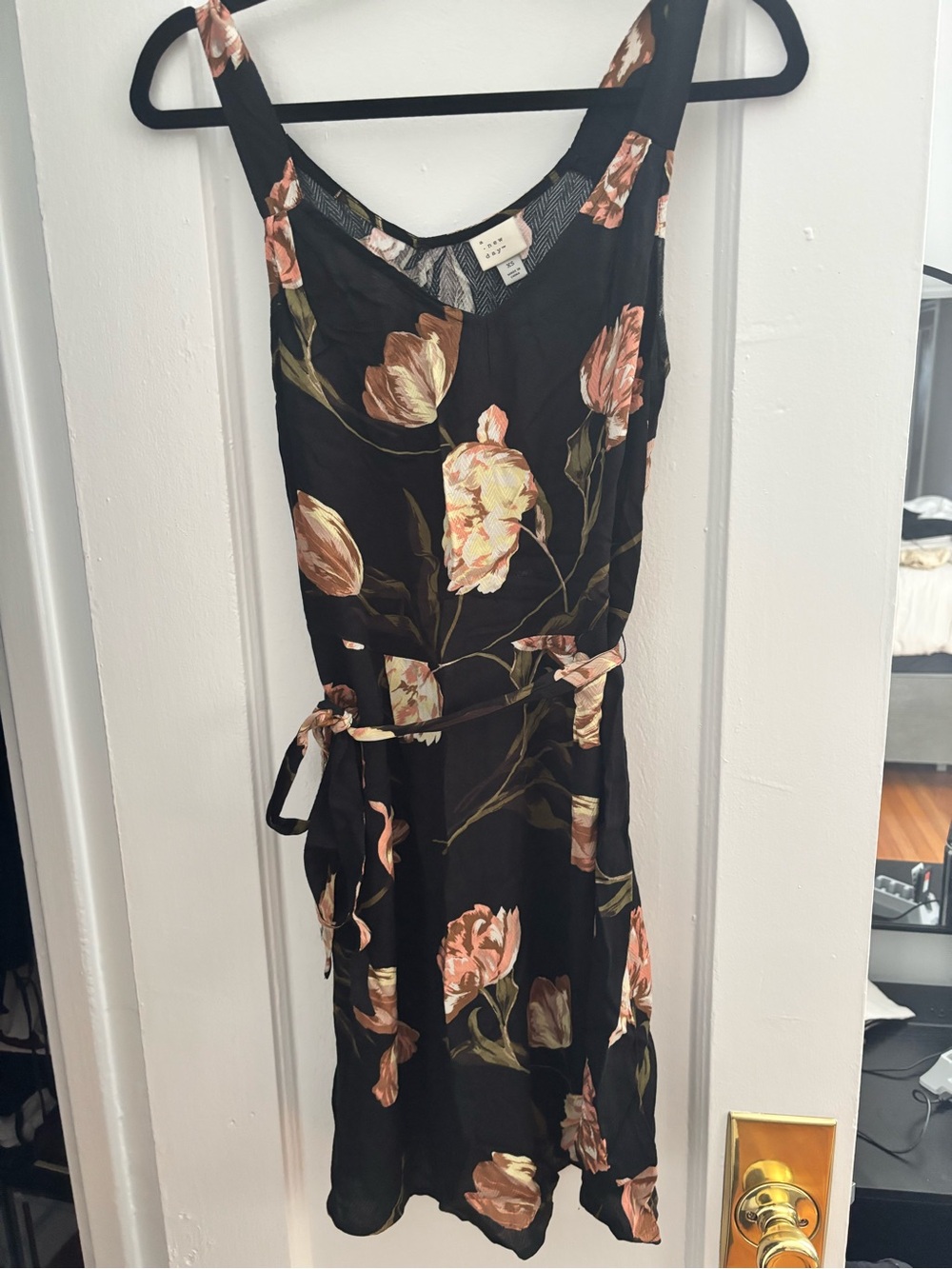 Women’s Black Floral Midi Dress with Peach Blossoms size XS